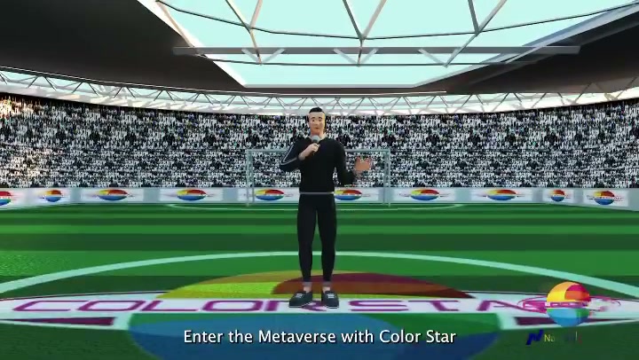 An image of a cartoon (video game) character in the middle of a stadium.