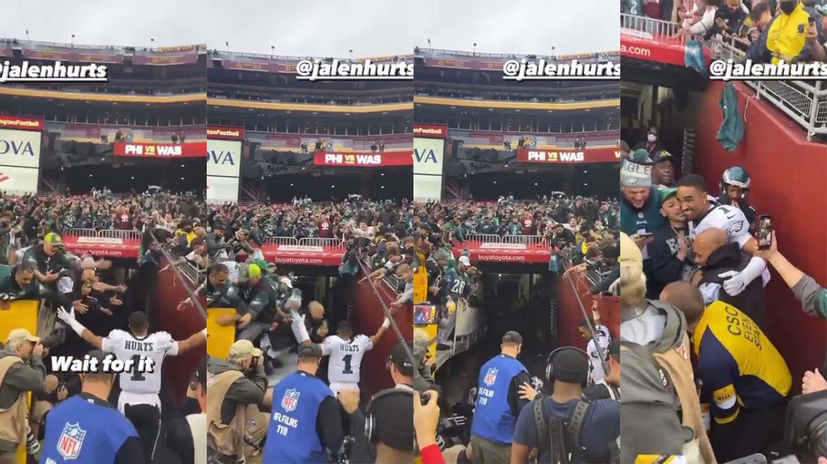 Four images that show fans falling out of the stands, with them celebrating with Hurts afterward