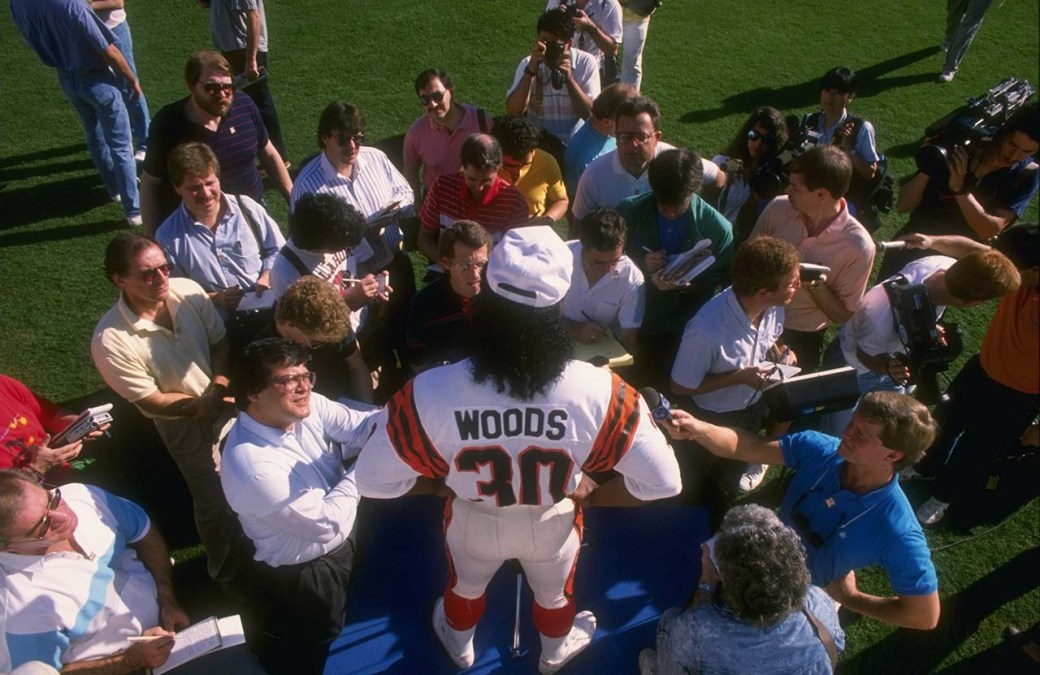 Ickey Woods speaks to reporters at a media day before the Super Bowl in 1989.