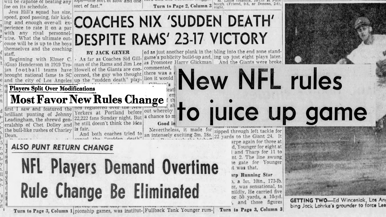 A collage of newspaper headlines about NFL overtime changes