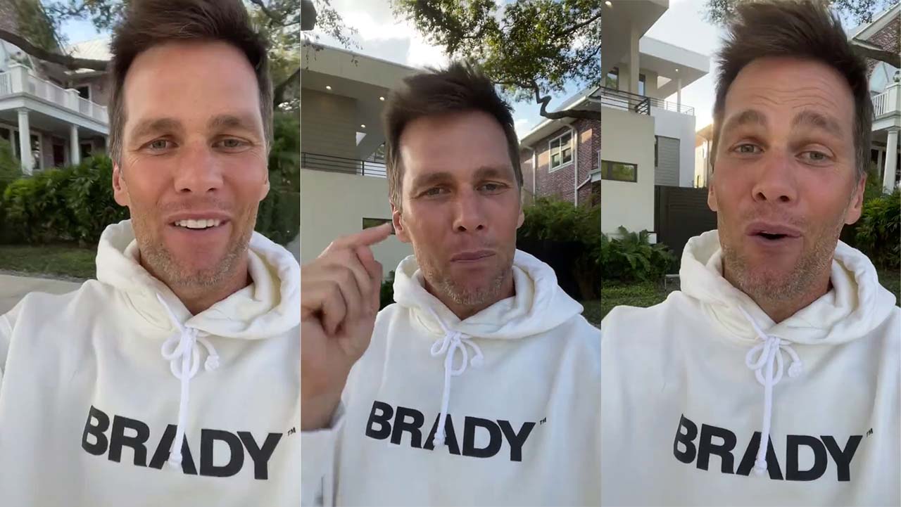 Tom Brady, in a Brady Brand shirt, making weird faces