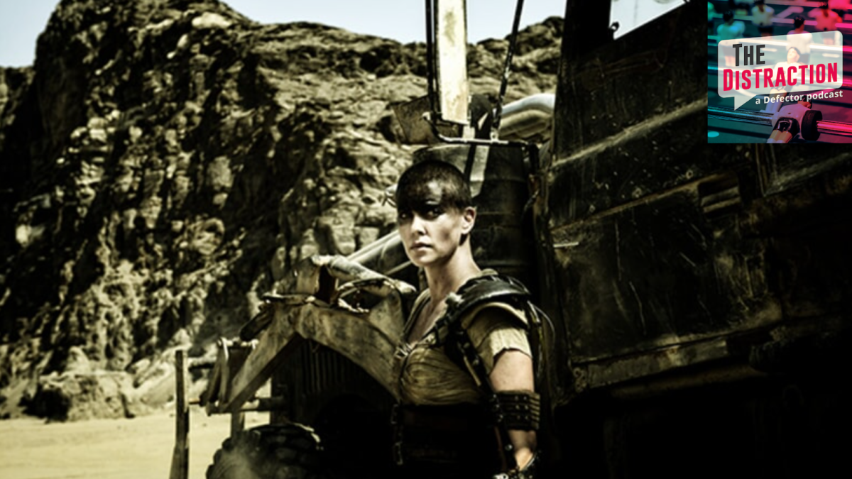 Charlize Theron as Furiosa in Mad Max Fury Road. The podcast logo is up there on the right.