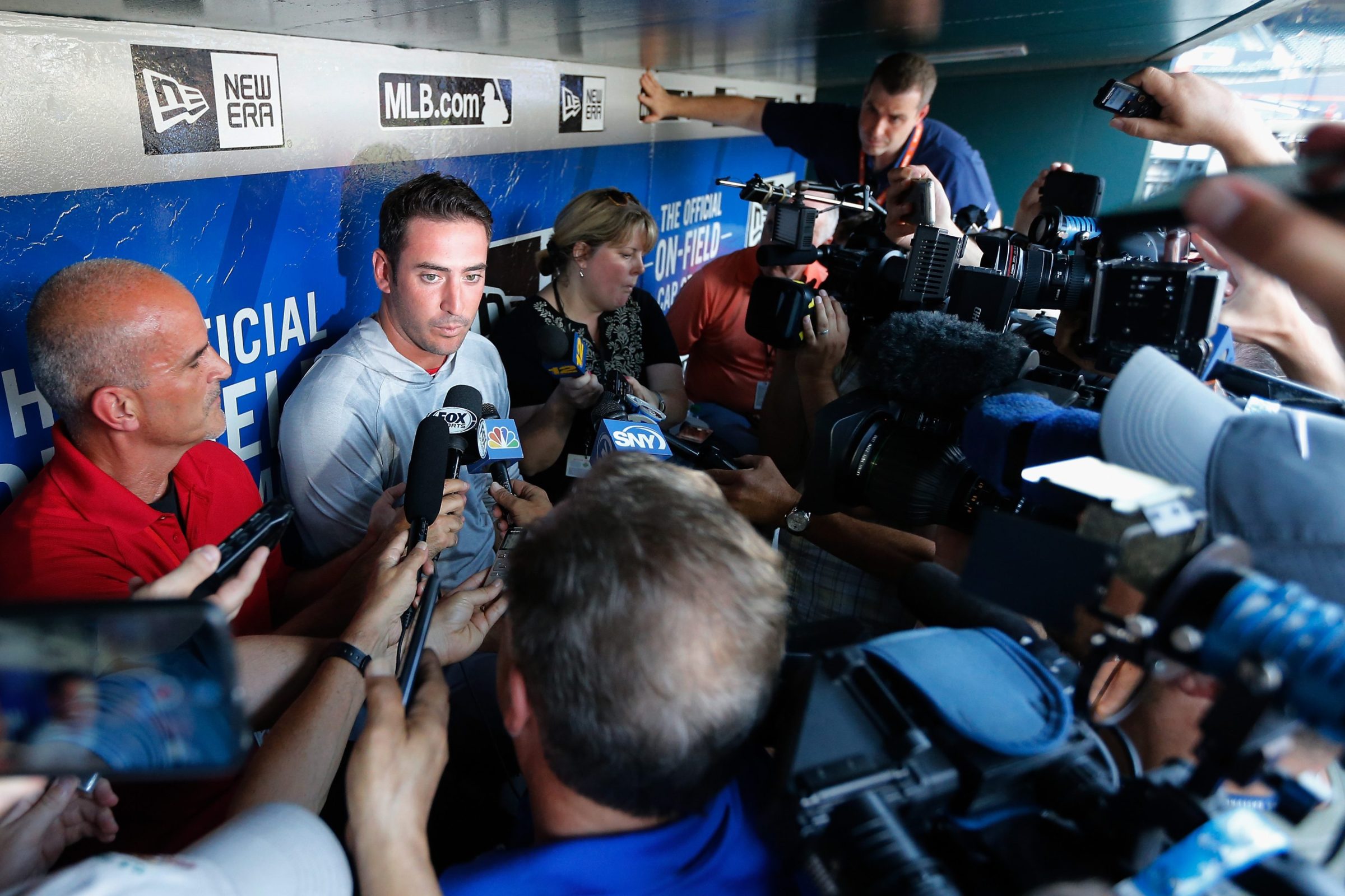 Matt Harvey addresses the local media after returning to Queens with the Cincinnati Reds in 2018.