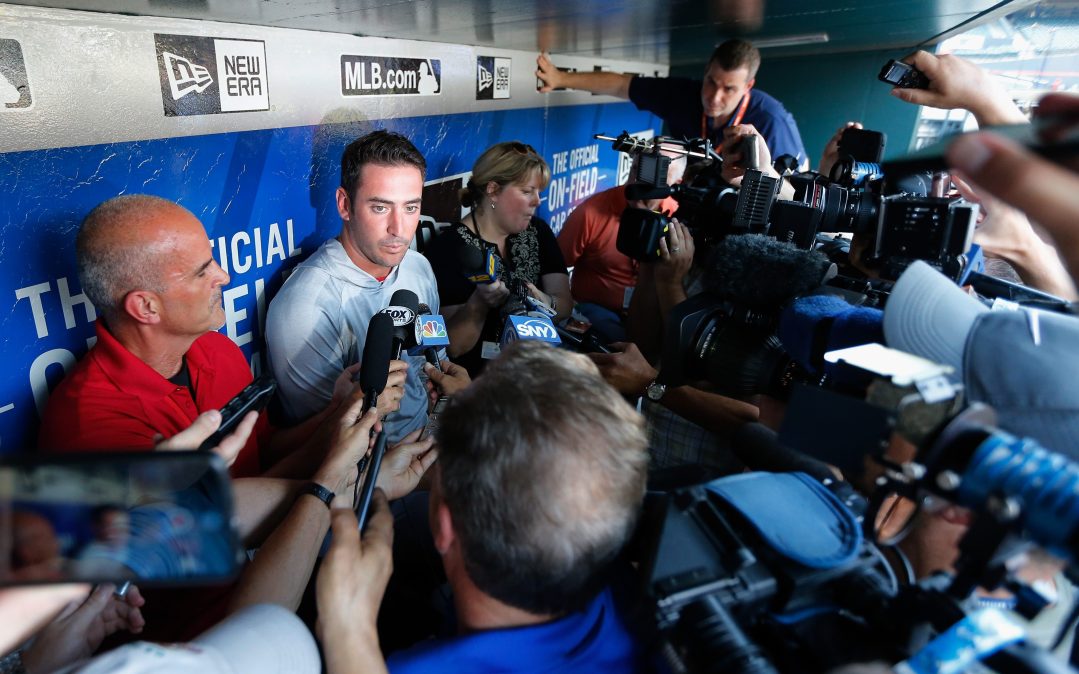 Matt Harvey addresses the local media after returning to Queens with the Cincinnati Reds in 2018.
