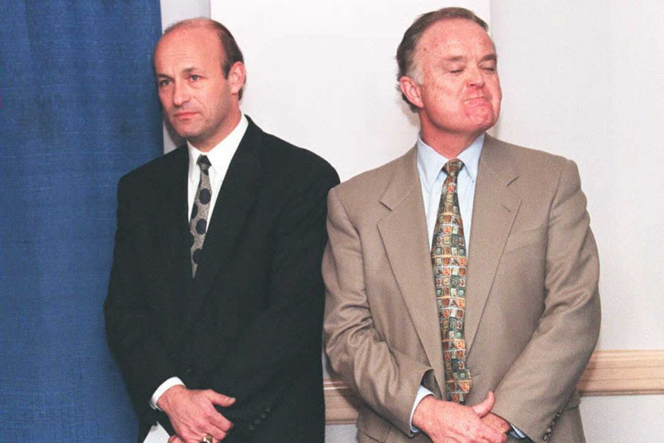 Red Sox owner John Harrington and Braves president Stan Kasten, seen listening to Bud Selig during the 1994 MLB strike.