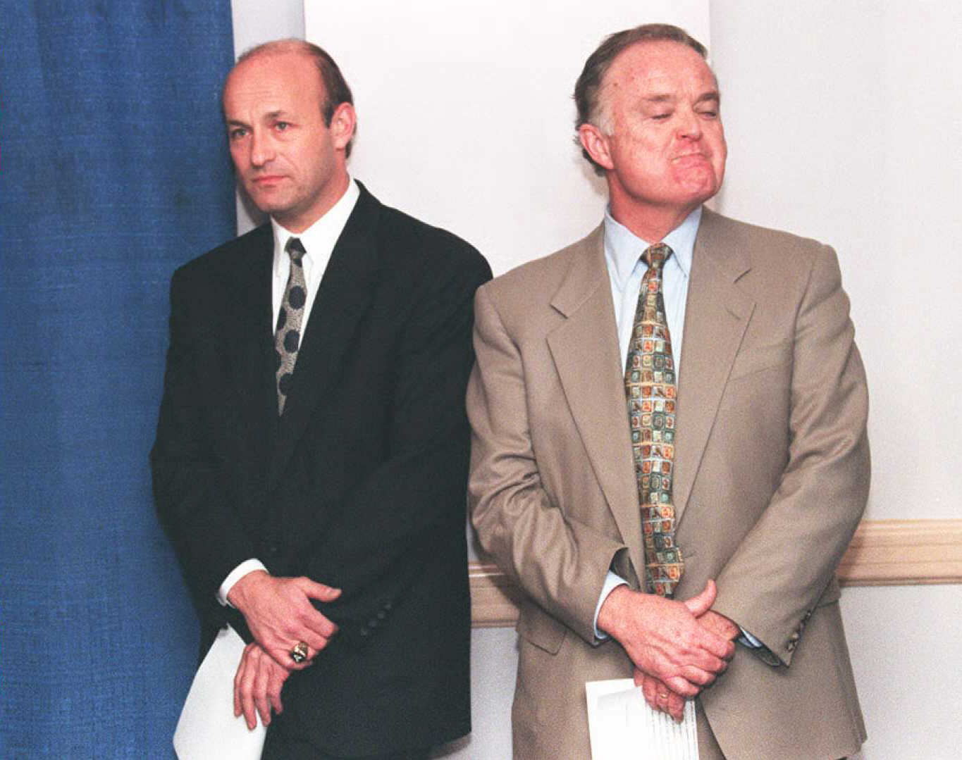 Red Sox owner John Harrington and Braves president Stan Kasten, seen listening to Bud Selig during the 1994 MLB strike.