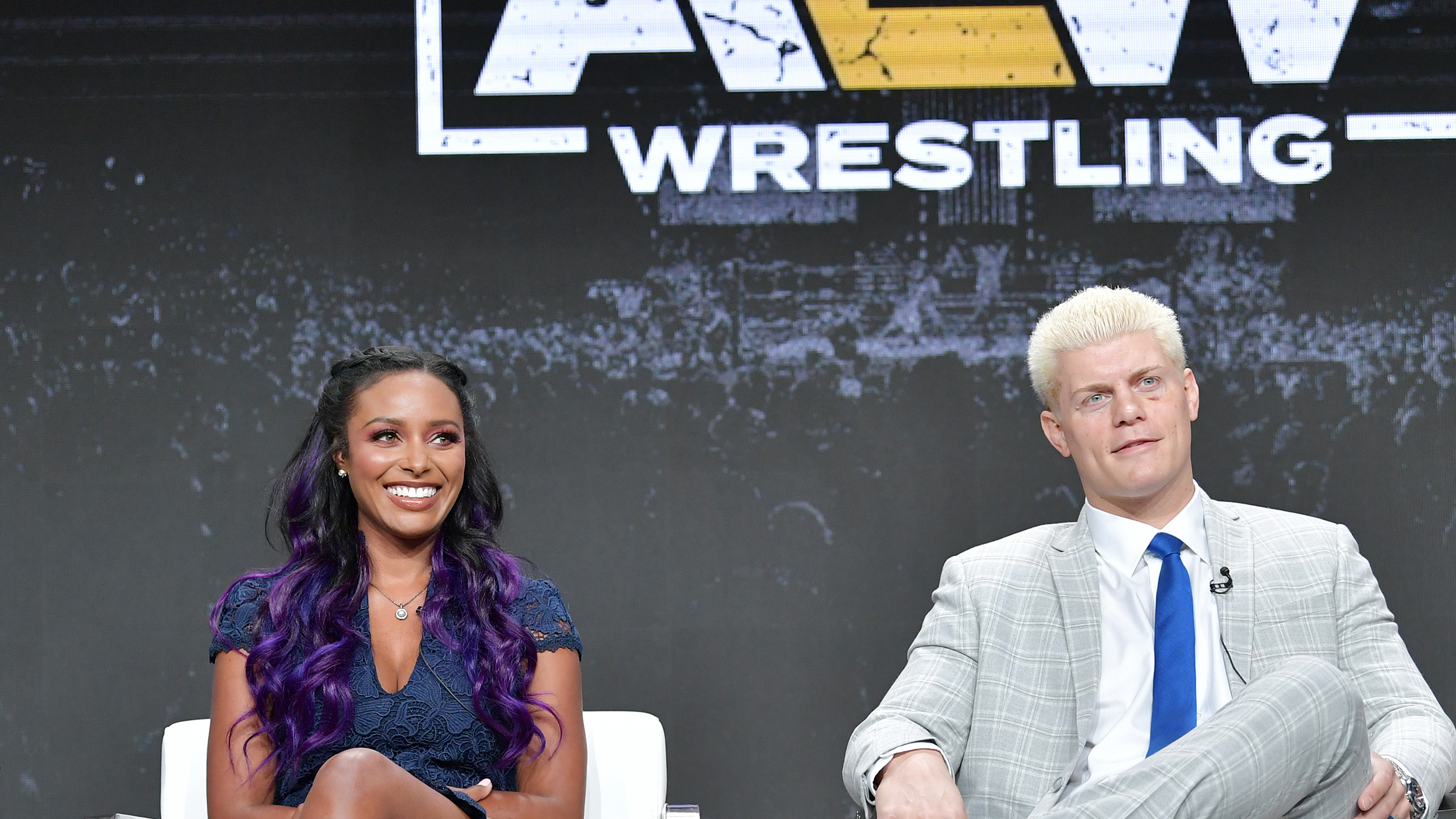 Brandi Rhodes, and Cody Rhodes of "All Elite Wrestling" speak during the TNT & TBS segment of the Summer 2019 Television Critics Association Press Tour 2019 at The Beverly Hilton Hotel on July 24, 2019 in Beverly Hills, California.
