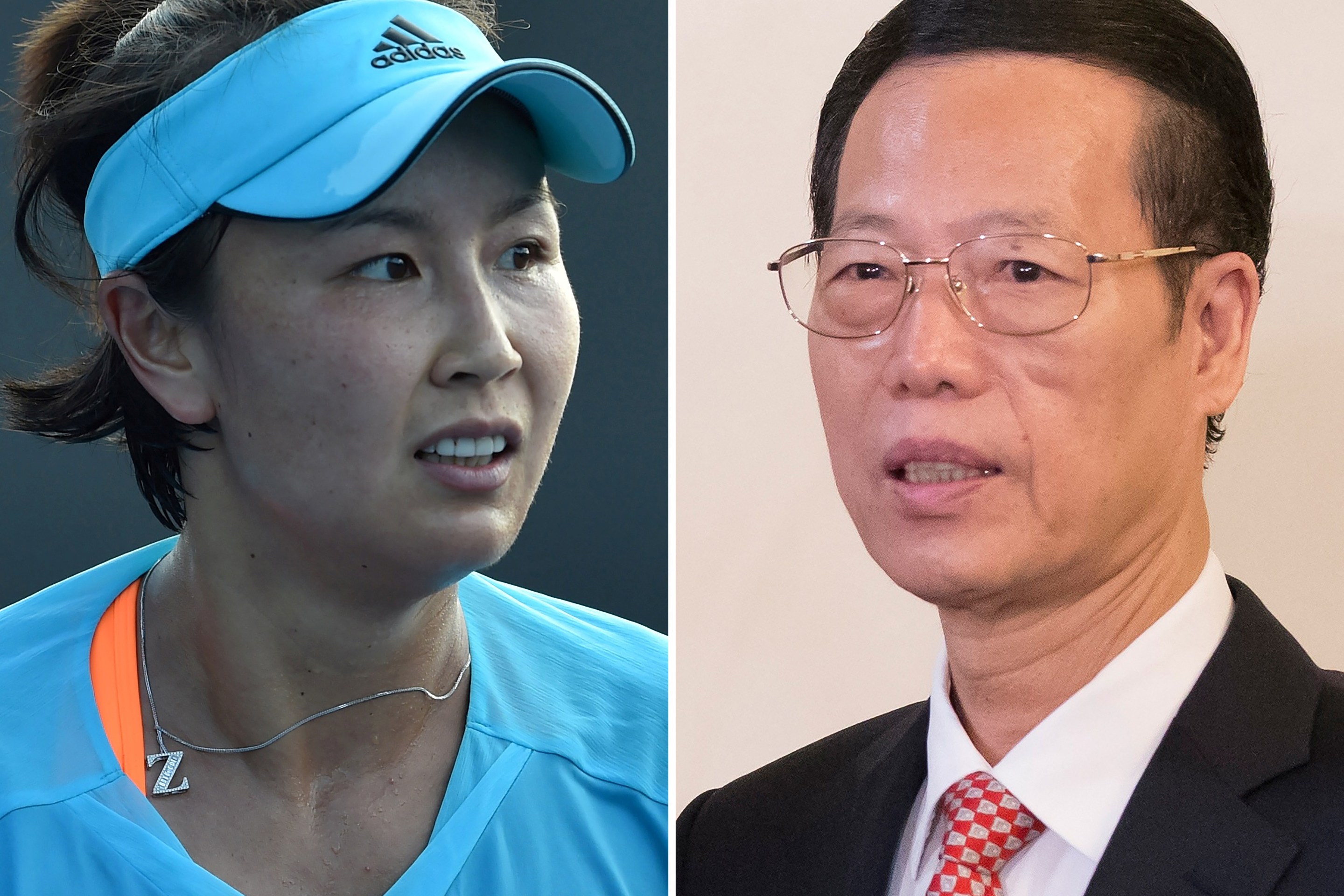 This combination of file photos shows tennis player Peng Shuai of China (L) during her women's singles first round match at the Australian Open tennis tournament in Melbourne on January 16, 2017; and Chinese Vice Premier Zhang Gaoli (R) during a visit to Russia at the Saint Petersburg International Investment Forum in Saint Petersburg on June 18, 2015. - Chinese tennis star Peng Shuai said she was safe and well during a video call with the International Olympic Committee chief on November 21, 2021, the organisation said, amid international concern about her well-being after being seen attending a Beijing tennis tournament, marking her first public appearance since she made her accusations against former vice premier Zhang Gaoli. (Photo by Paul CROCK and Alexander ZEMLIANICHENKO / AFP) (