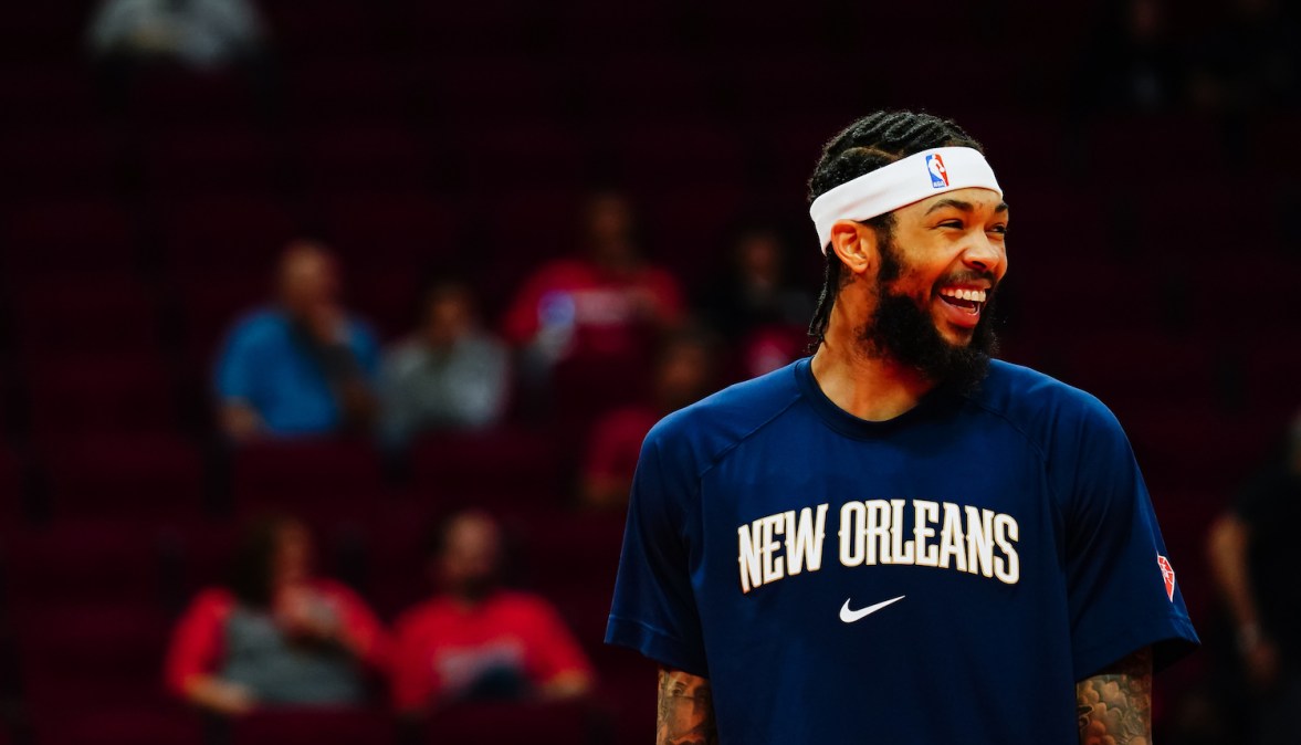 HOUSTON, TX - DECEMBER 05: Brandon Ingram #14 of the New Orleans Pelicans looks on before the game against the Houston Rockets at Toyota Center on December 5, 2021 in Houston, Texas. NOTE TO USER: User expressly acknowledges and agrees that, by downloading and/or using this Photograph, user is consenting to the terms and conditions of the Getty Images License Agreement. (Photo by Alex Bierens de Haan/Getty Images)