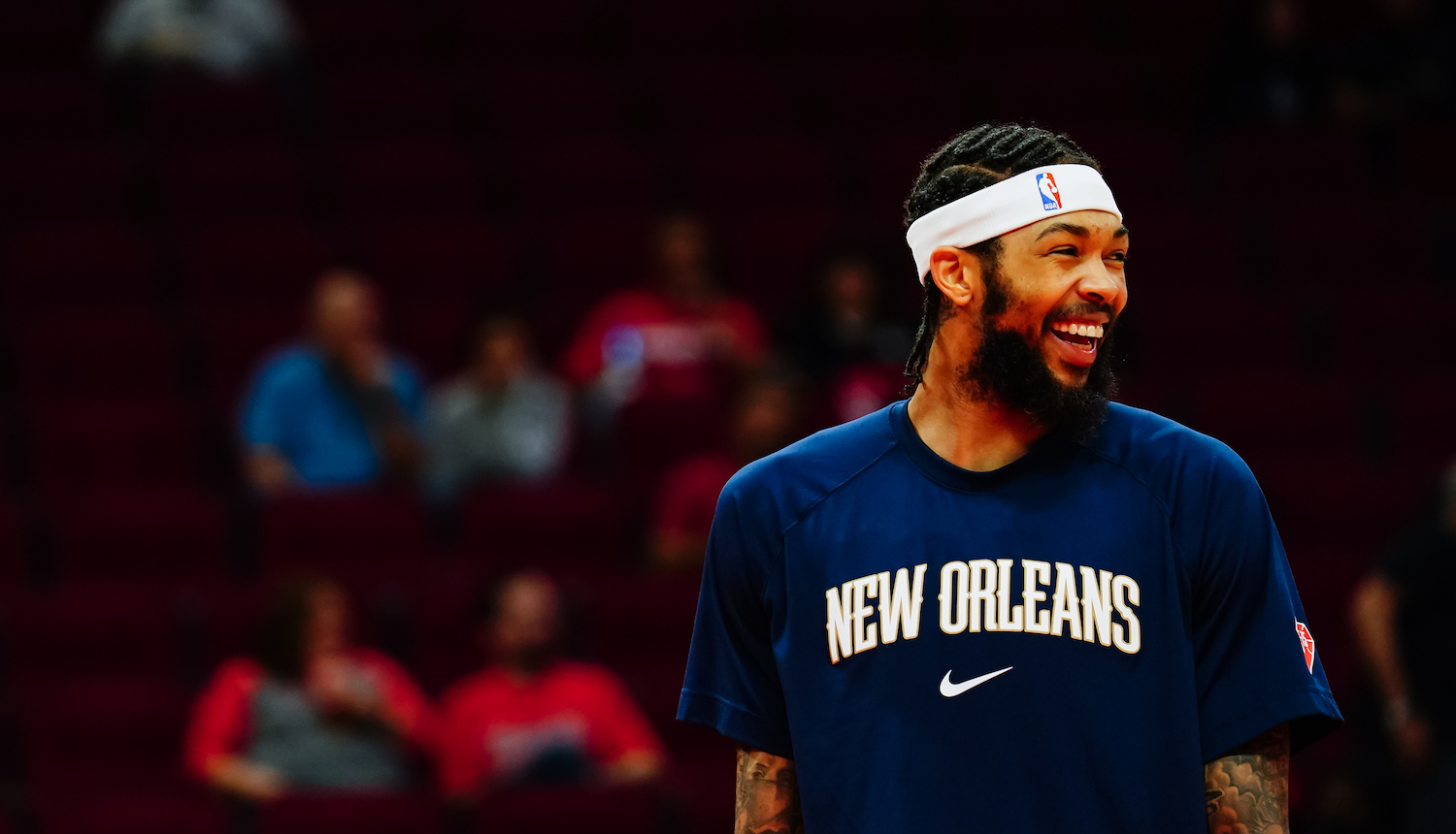 HOUSTON, TX - DECEMBER 05: Brandon Ingram #14 of the New Orleans Pelicans looks on before the game against the Houston Rockets at Toyota Center on December 5, 2021 in Houston, Texas. NOTE TO USER: User expressly acknowledges and agrees that, by downloading and/or using this Photograph, user is consenting to the terms and conditions of the Getty Images License Agreement. (Photo by Alex Bierens de Haan/Getty Images)