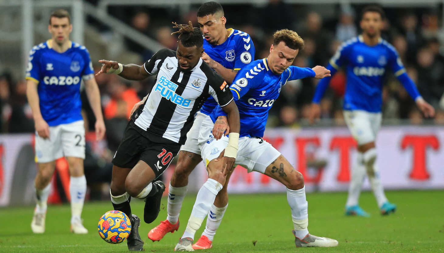 Newcastle United's French midfielder Allan Saint-Maximin (2nd L) vies with Everton's English midfielder Dele Alli (2nd R) during the English Premier League football match between Newcastle United and Everton at St James' Park in Newcastle-upon-Tyne, north east England on February 8, 2022.