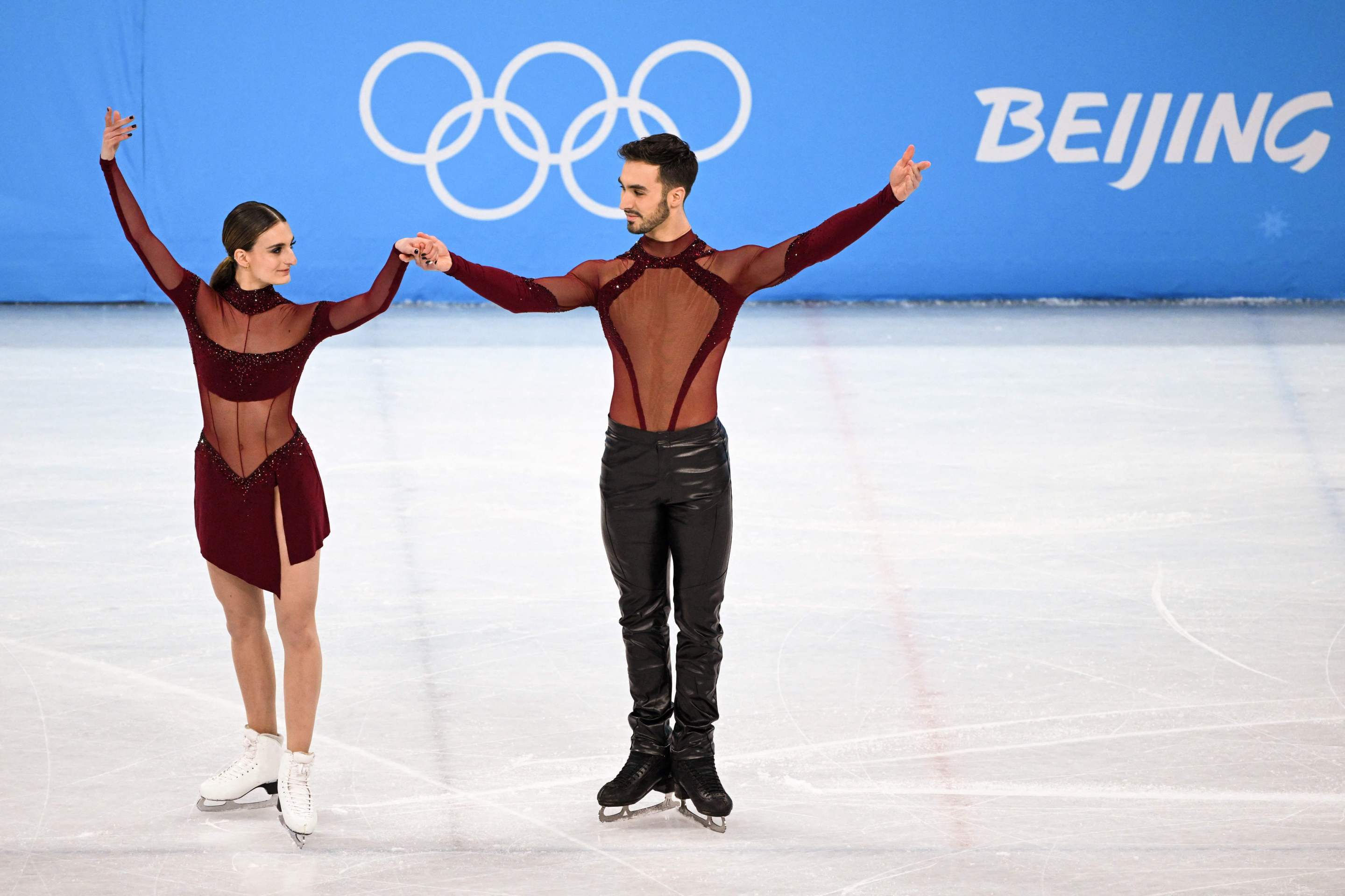 riella Papadakis and Guillaume Cizeron of Team France skate during the Ice Dance Rhythm Dance on day eight of the Beijing 2022 Winter Olympic Games at Capital Indoor Stadium on February 12, 2022 in Beijing, China.