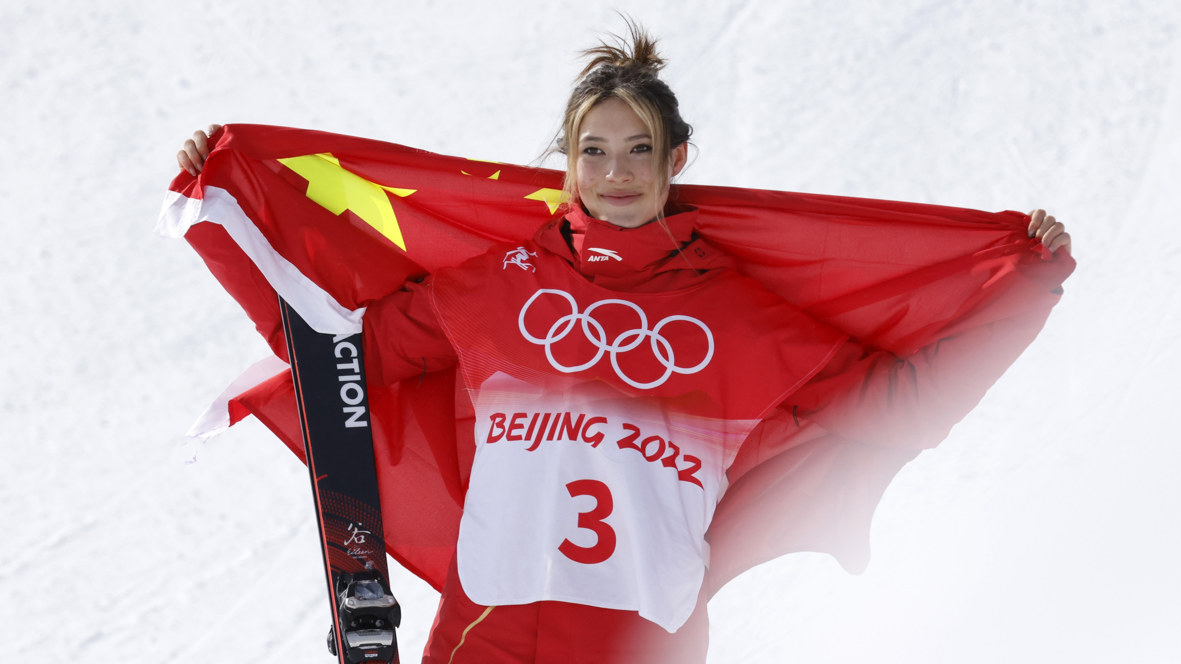 BEIJING, CHINA - FEBRUARY 15 : Ailing Eileen Gu of Team China wins the silver medal during the Olympic Games 2022, women's Freeski Slopestyle on February 15, 2022 in Zhangjiakou China.