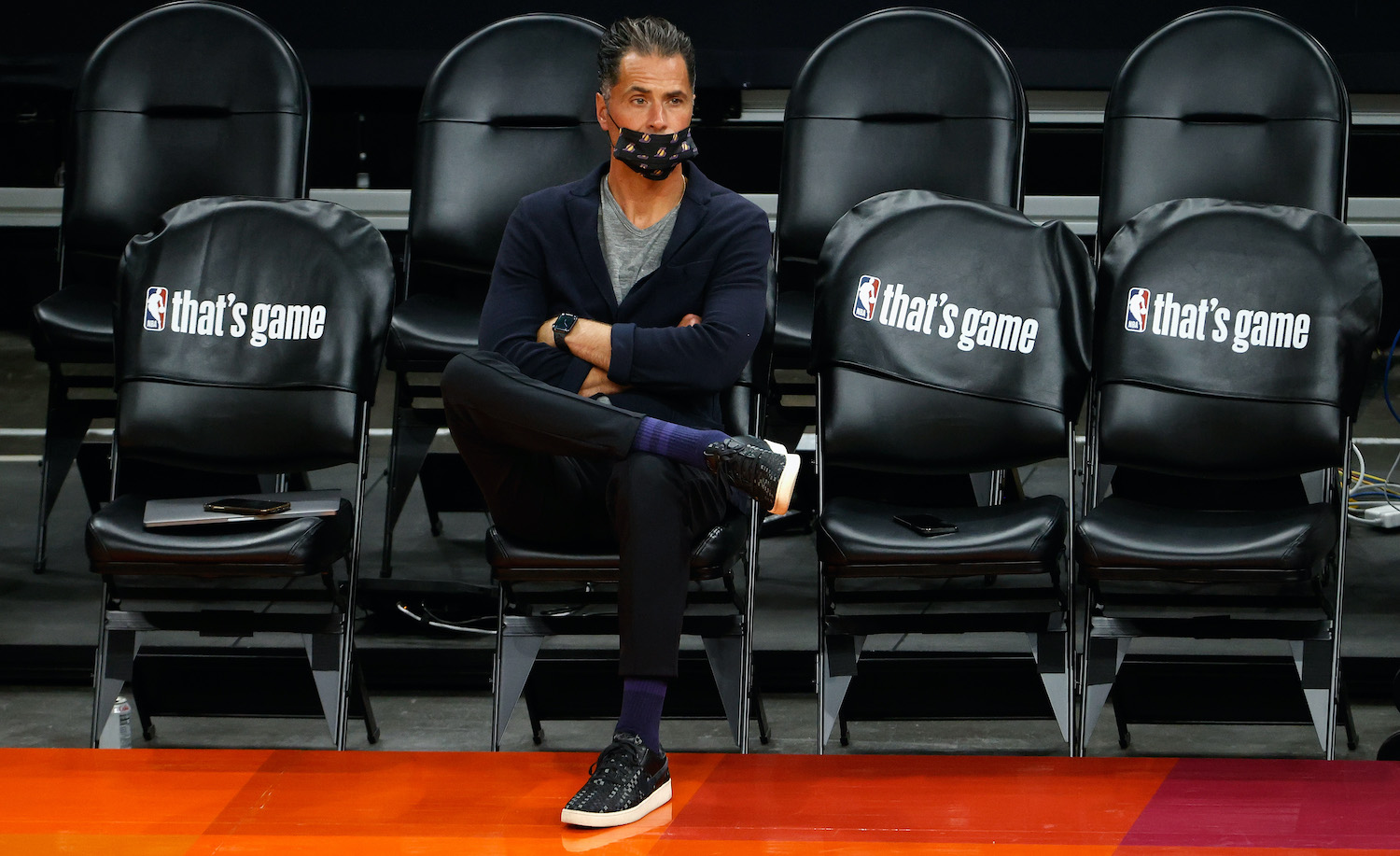 PHOENIX, ARIZONA - JUNE 01: General manager Rob Pelinka of the Los Angeles Lakers sits courtside before Game Five of the Western Conference first-round playoff series at Phoenix Suns Arena on June 01, 2021 in Phoenix, Arizona. NOTE TO USER: User expressly acknowledges and agrees that, by downloading and or using this photograph, User is consenting to the terms and conditions of the Getty Images License Agreement. (Photo by Christian Petersen/Getty Images)