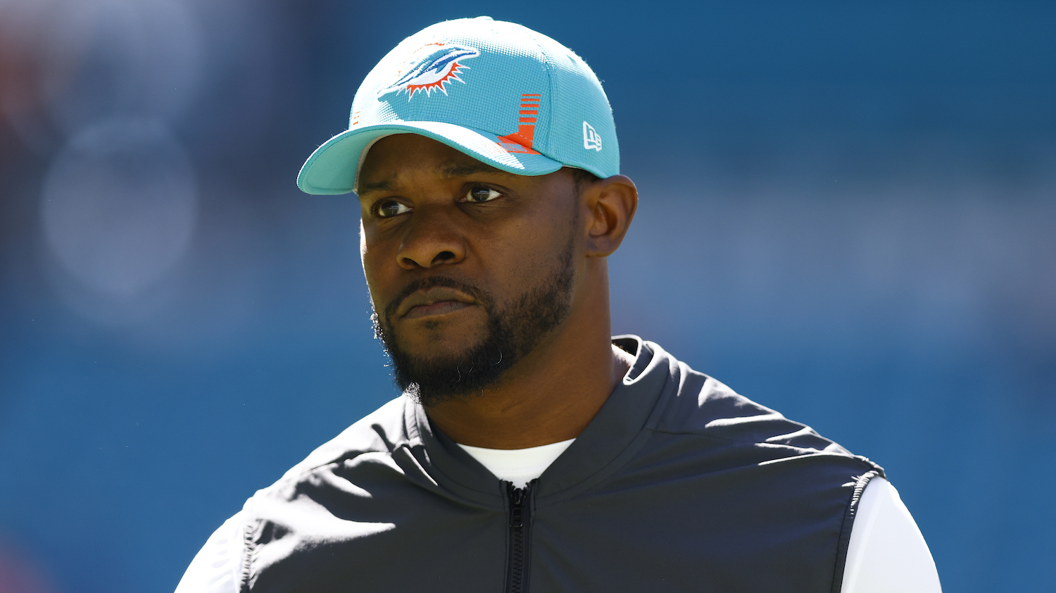 MIAMI GARDENS, FLORIDA - NOVEMBER 07: Head coach Brian Flores of the Miami Dolphins looks on during before the game against the Houston Texans at Hard Rock Stadium on November 07, 2021 in Miami Gardens, Florida. (Photo by Michael Reaves/Getty Images)