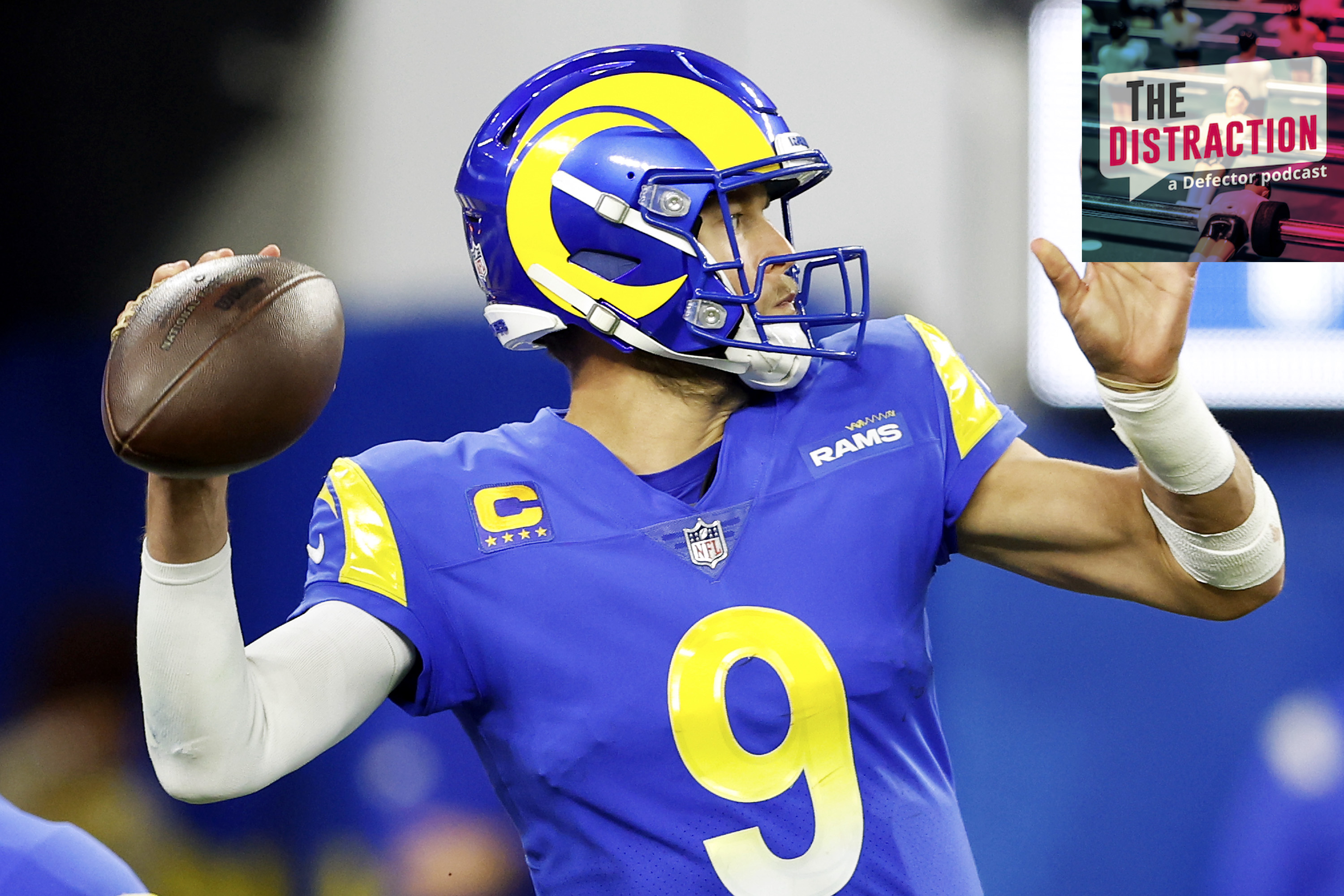 Matthew Stafford, seen here going deep in the direction of the Distraction logo.