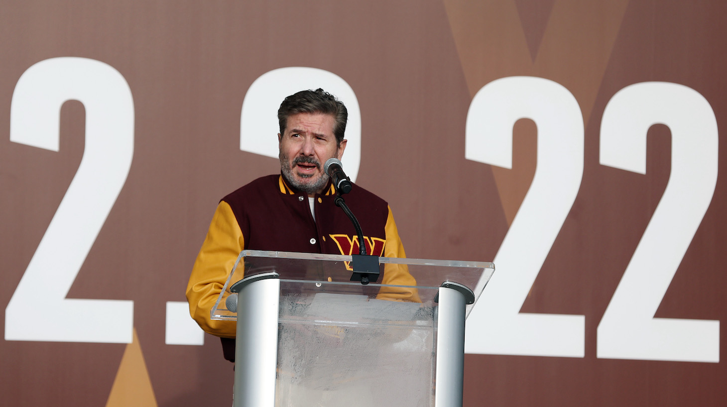 Team co-owner Dan Snyder speaks during the announcement of the Washington Football Team's name change to the Washington Commanders at FedExField on February 02, 2022 in Landover, Maryland.