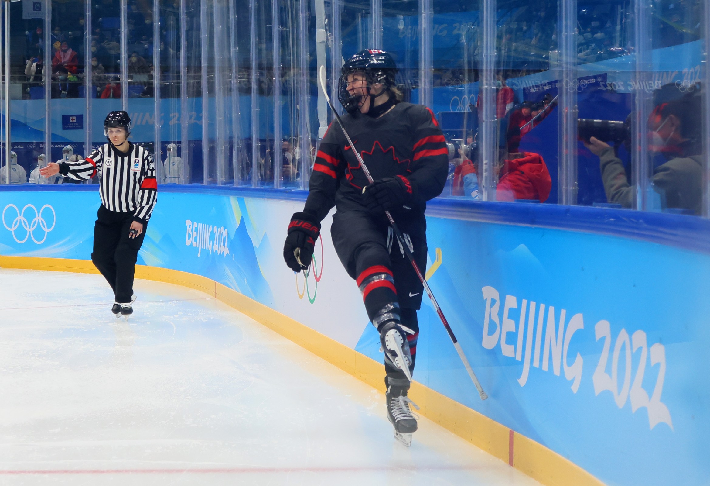 BEIJING, CHINA - FEBRUARY 03: Sarah Fillier #10 of Team Canada reacts after scoring a goal during the Women's Ice Hockey Preliminary Round Group A match between Team Canada and Team Switzerland at National Indoor Stadium on February 03, 2022 in Beijing, China.