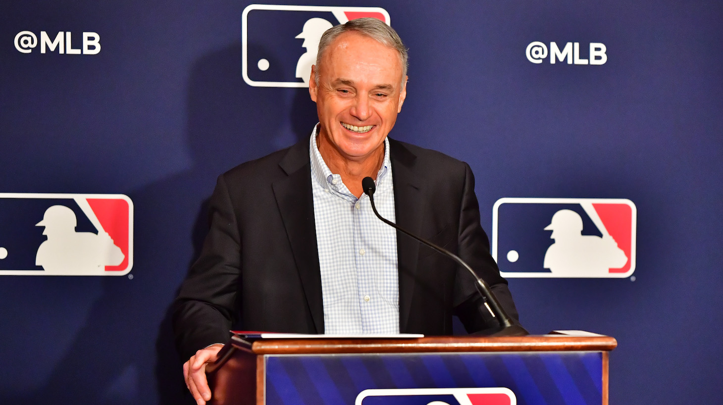 ORLANDO, FLORIDA - FEBRUARY 10: Major League Baseball Commissioner Rob Manfred answers questions during an MLB owner's meeting at the Waldorf Astoria on February 10, 2022 in Orlando, Florida. Manfred addressed the ongoing lockout of players, which owners put in place after the league's collective bargaining agreement ended on December 1, 2021. (Photo by Julio Aguilar/Getty Images)