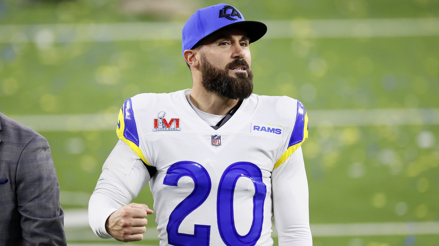 INGLEWOOD, CALIFORNIA - FEBRUARY 13: Eric Weddle #20 of the Los Angeles Rams celebrates after Super Bowl LVI at SoFi Stadium on February 13, 2022 in Inglewood, California. The Los Angeles Rams defeated the Cincinnati Bengals 23-20. (Photo by Steph Chambers/Getty Images)