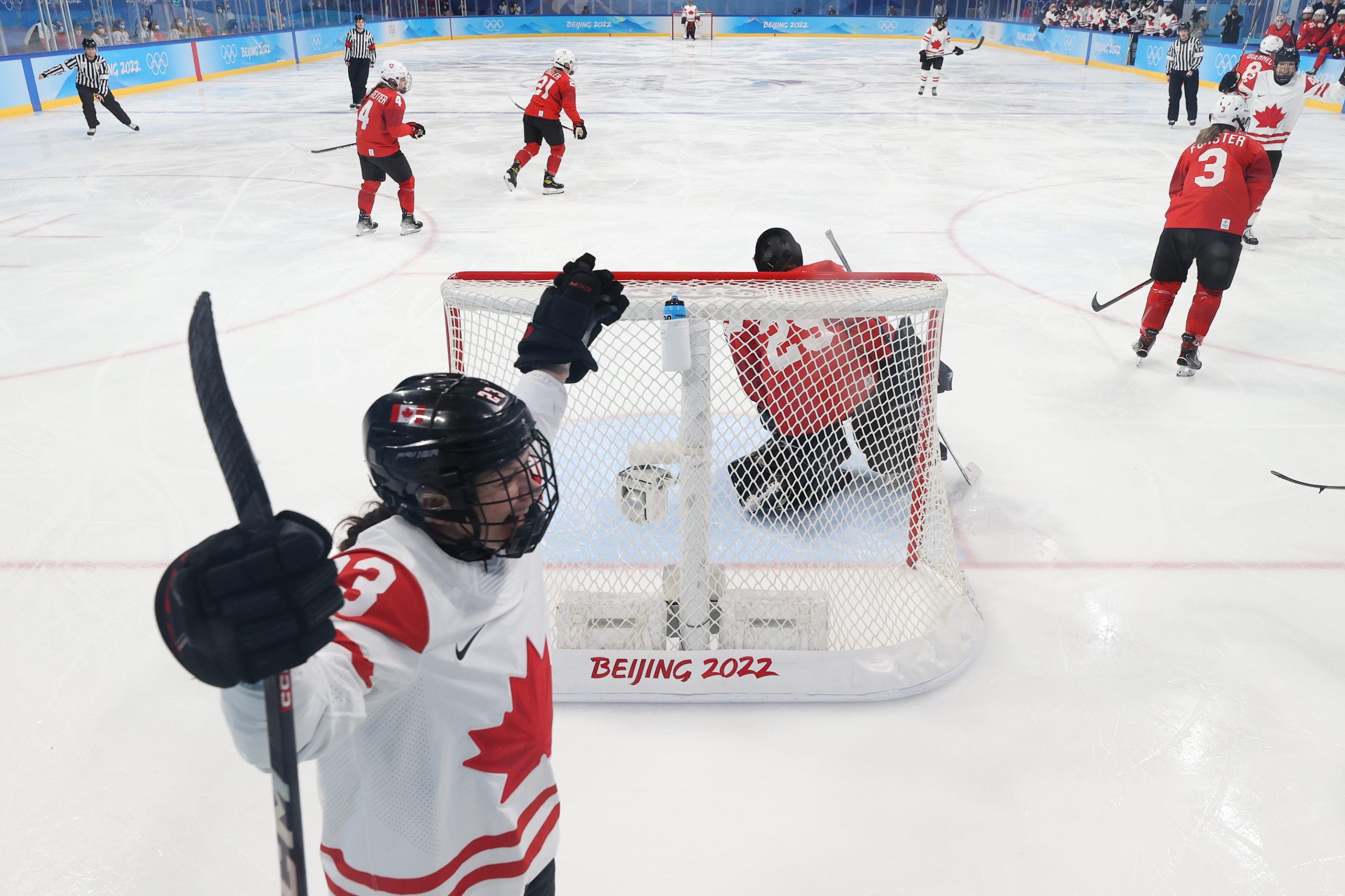Erin Ambrose #23 of Team Canada reacts after a goal by teammate Emma Maltais #27 (not in photo) during the third period of the Women's Ice Hockey Playoff Semifinal match between Team Canada and Team Switzerland on Day 10 of the Beijing 2022 Winter Olympic Games at Wukesong Sports Centre on February 14, 2022 in Beijing, China.