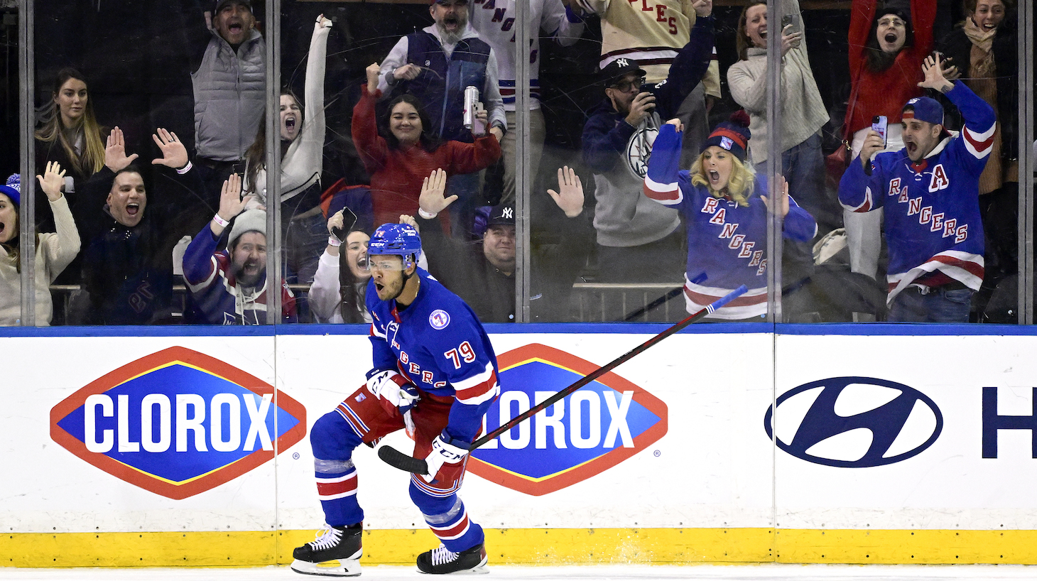NEW YORK, NEW YORK - FEBRUARY 15: K'Andre Miller #79 of the New York Rangers celebrates after scoring the game-winning shootout goal against the Boston Bruins at Madison Square Garden on February 15, 2022 in New York City. (Photo by Steven Ryan/Getty Images)