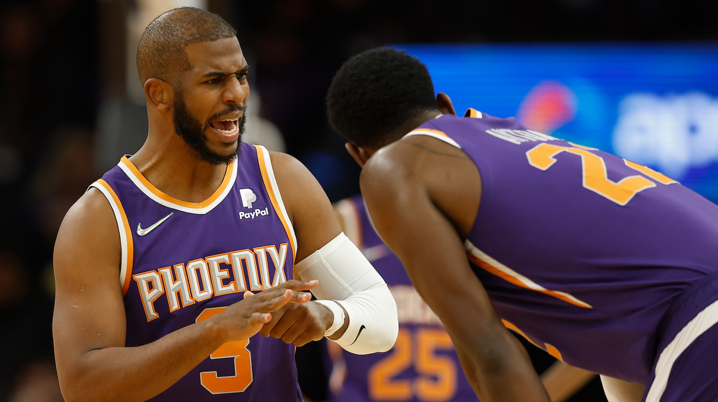 PHOENIX, ARIZONA - FEBRUARY 16: Chris Paul #3 of the Phoenix Suns reacts after an injury to his hand and a technical-foul during the second half of the NBA game against the Houston Rockets at Footprint Center on February 16, 2022 in Phoenix, Arizona. The Suns defeated the Rockets 124-121. NOTE TO USER: User expressly acknowledges and agrees that, by downloading and or using this photograph, User is consenting to the terms and conditions of the Getty Images License Agreement. (Photo by Christian Petersen/Getty Images)