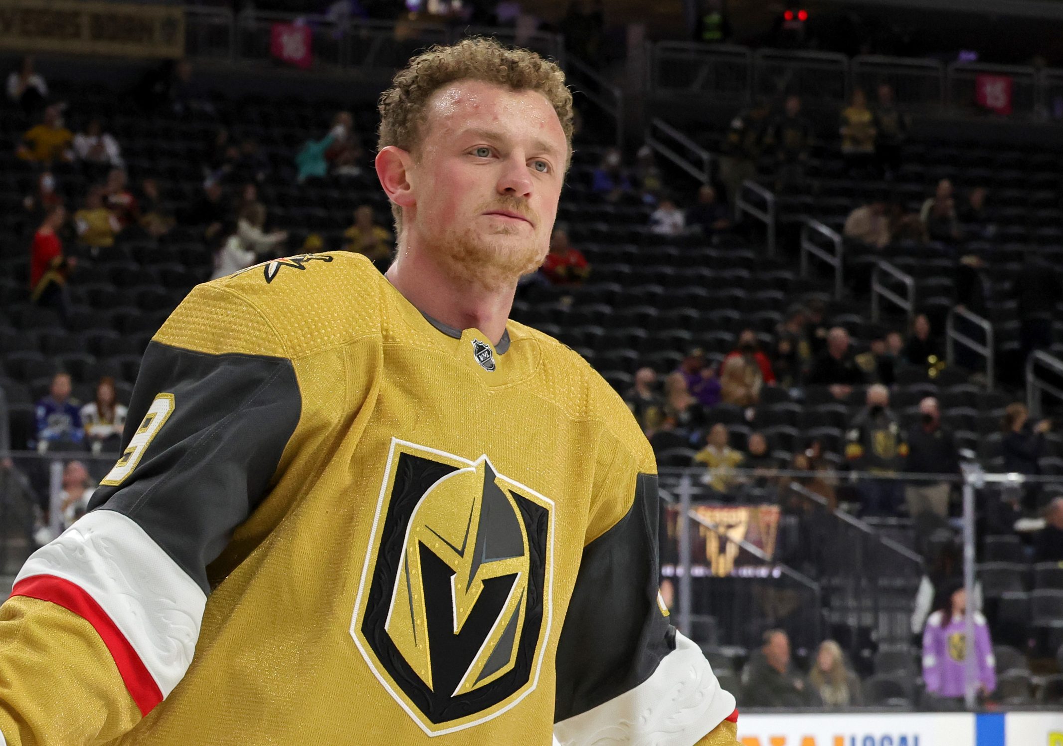 Jack Eichel warms up before a game