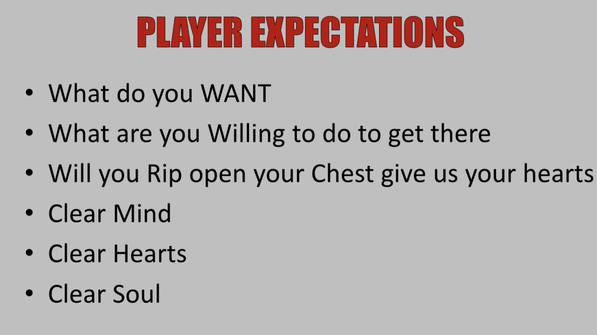 A screenshot from Ohio State's "no hoodies" presentation. It says PLAYER EXPECTATIONS in all red capital letters. It then does over an extremely ridiculous list of player expectations.