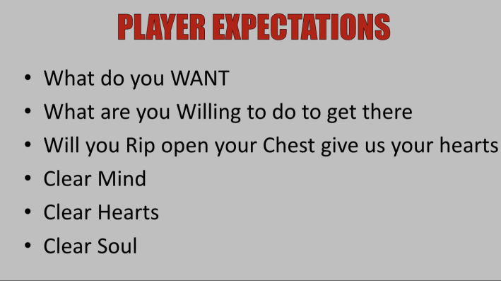 A screenshot from Ohio State's "no hoodies" presentation. It says PLAYER EXPECTATIONS in all red capital letters. It then does over an extremely ridiculous list of player expectations.