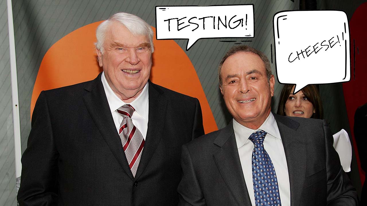 John Madden and Al Michaels pose in front on of a backdrop. Cartoon word bubbles have been inserted in. John Madden is saying testing and Al Michaels is saying cheese.