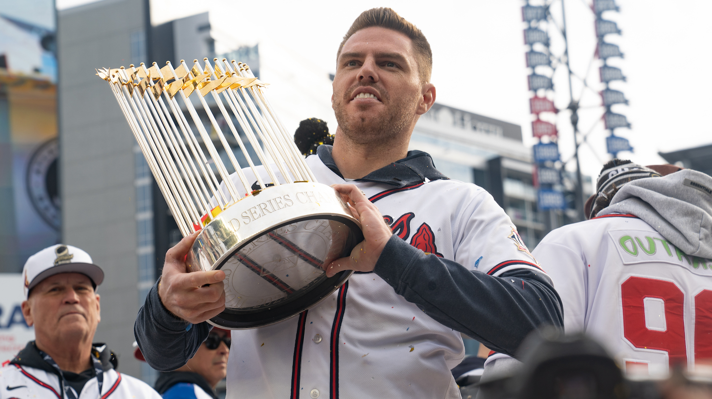 ATLANTA, GA - NOVEMBER 05: Atlanta Braves c celebrating following their World Series Parade at Truist Park on November 5, 2021 in Atlanta, Georgia. The Atlanta Braves won the World Series in six games against the Houston Astros winning their first championship since 1995. (Photo by Megan Varner/Getty Images)