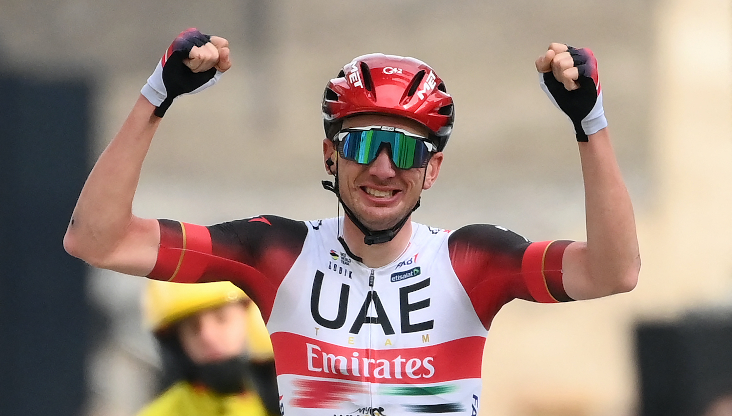 UAE Team Emirates US rider Brandon McNulty celebrates as he crosses the finish line to win the 5th stage of the 80th Paris - Nice cycling race, 189 km between Saint-Just-Saint-Rambert and Saint-Sauveur-de-Montagut, on March 10, 2022. (Photo by FRANCK FIFE / AFP) (Photo by FRANCK FIFE/AFP via Getty Images)