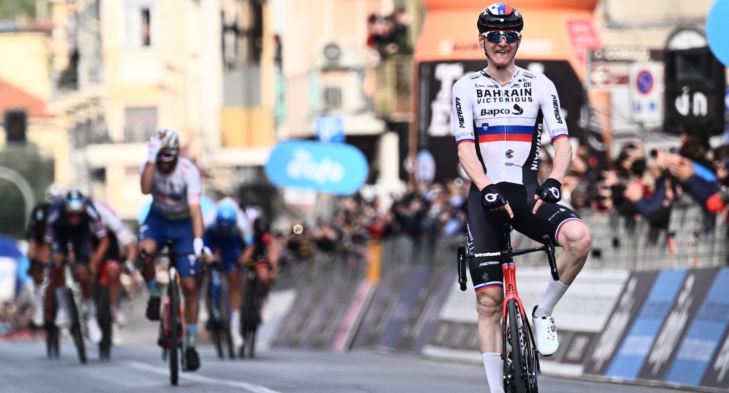 Team Bahrain's Matej Mohoric of Slovenia celebrates as he crosses the finish line to win the 113th Milan-San Remo one-day classic cycling race, on March 19, 2022 between Milan and San Remo, northern Italy. (Photo by Marco BERTORELLO / AFP) (Photo by MARCO BERTORELLO/AFP via Getty Images)