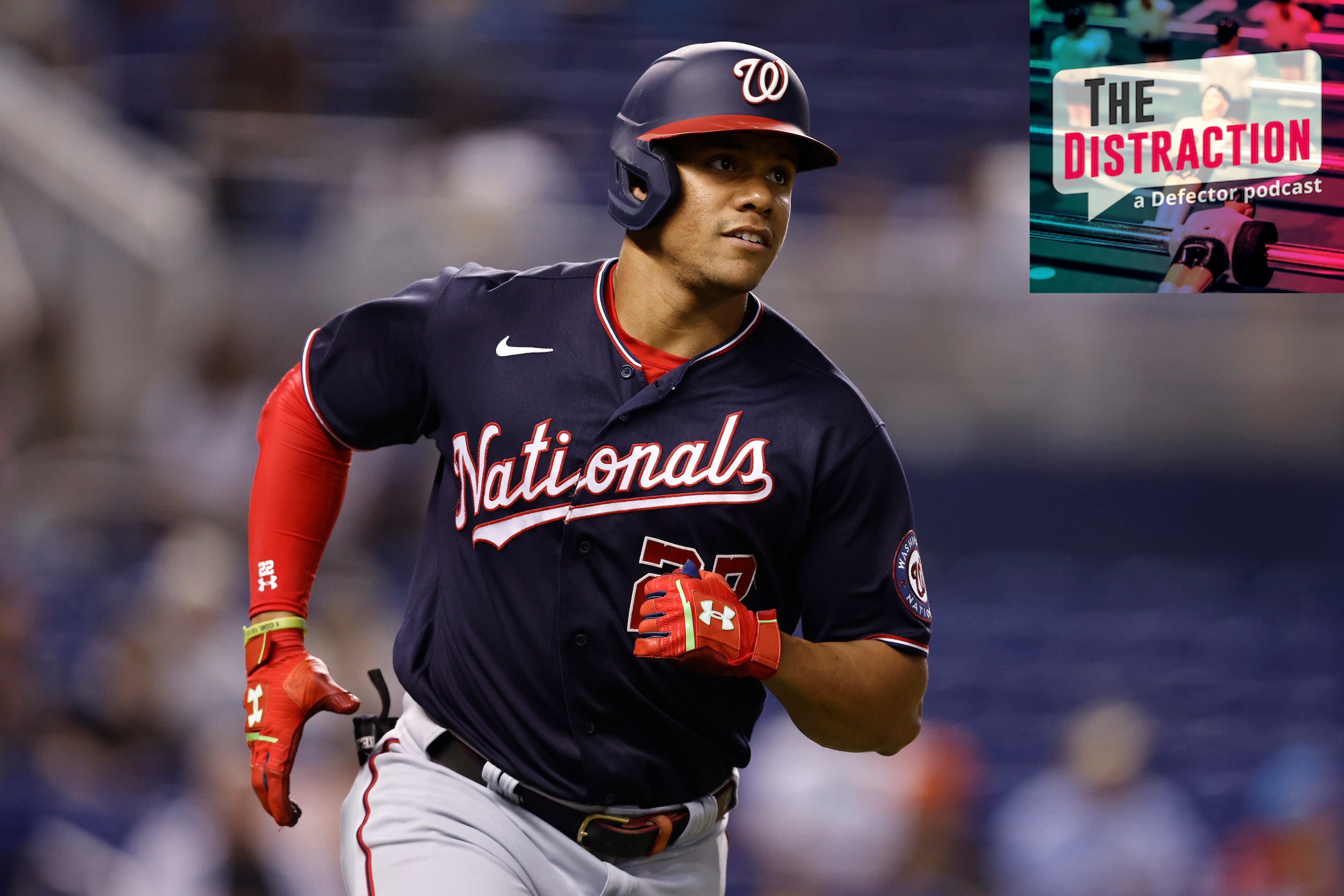 Juan Soto after hitting a home run against the Marlins in September of 2021, also seemingly looking at the Distraction logo.
