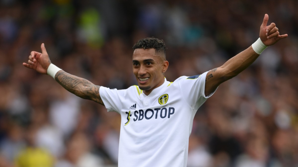 Leeds United player Raphinha celebrates his goal during the Premier League match between Leeds United and West Ham United at Elland Road on September 25, 2021 in Leeds, England.
