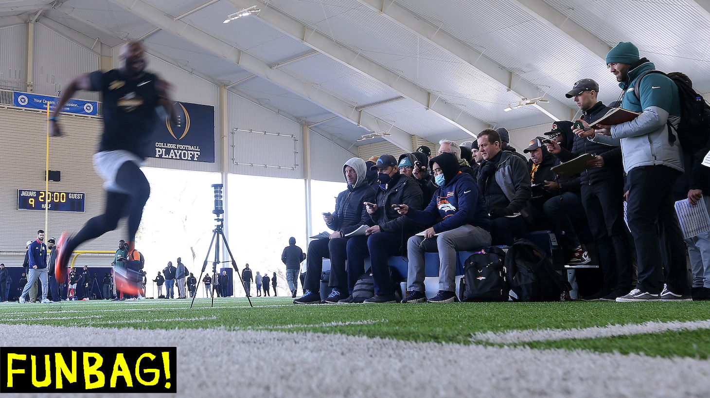 MOBILE, ALABAMA - JANUARY 29: Scouts check their stopwatches after a participant ran the 40-yard dash during the 2022 NFL HBCU Combine at University of South Alabama Jaguar Training Center on January 29, 2022 in Mobile, Alabama. (Photo by Jonathan Bachman/Getty Images)
