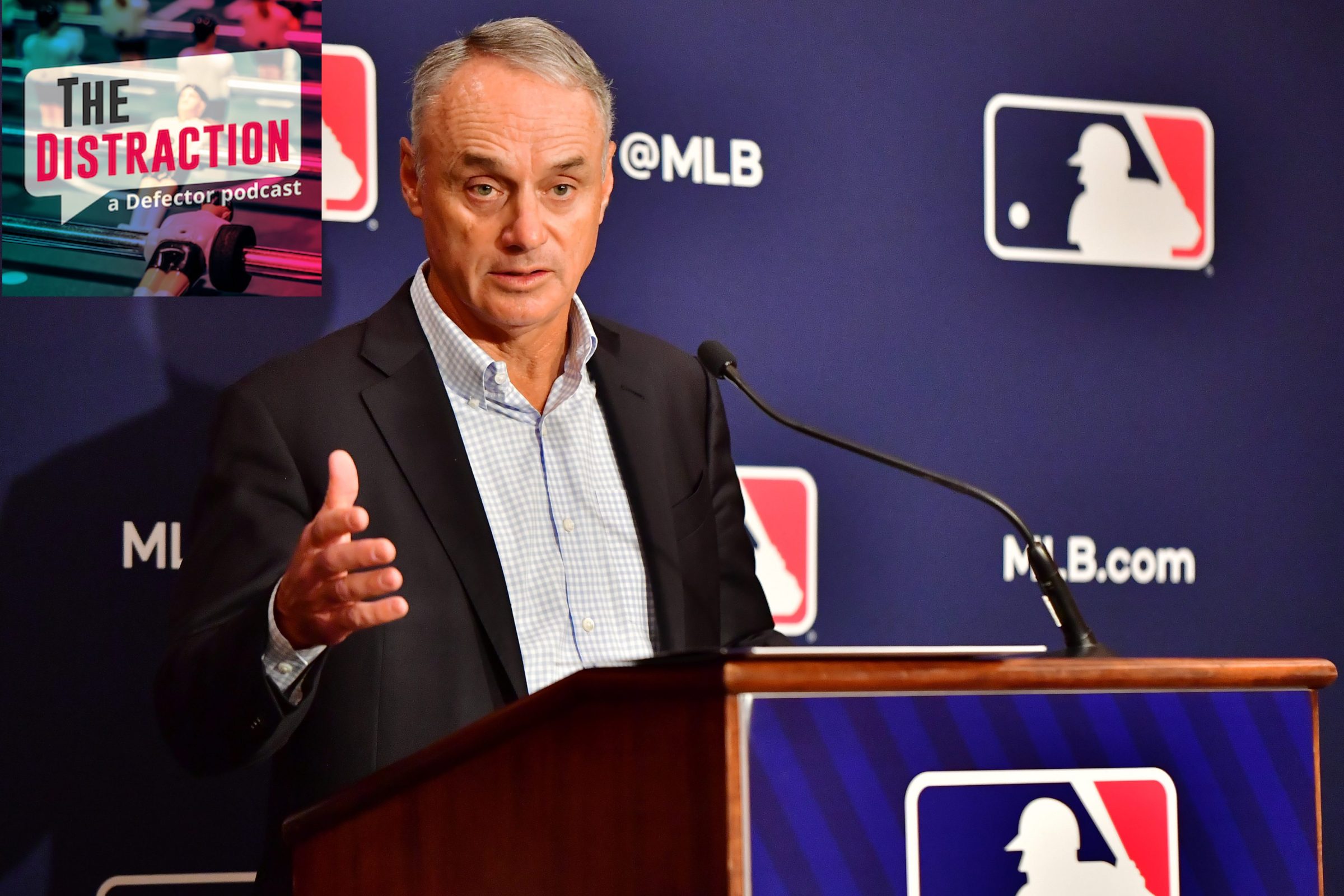 Rob Manfred, seen here at a press conference talking about how hard the owners have worked to reach a deal after locking out the players.