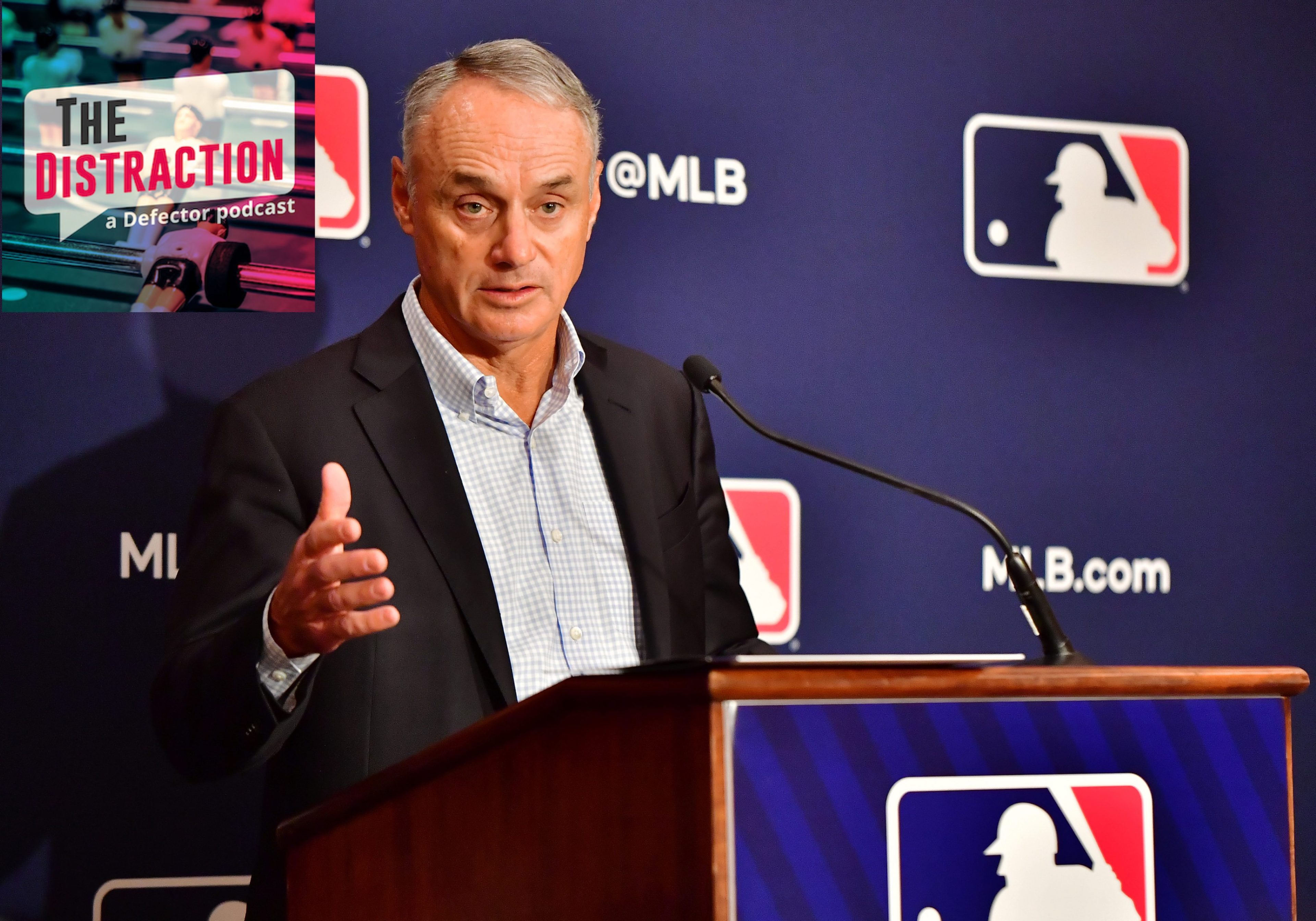 Rob Manfred, seen here at a press conference talking about how hard the owners have worked to reach a deal after locking out the players.
