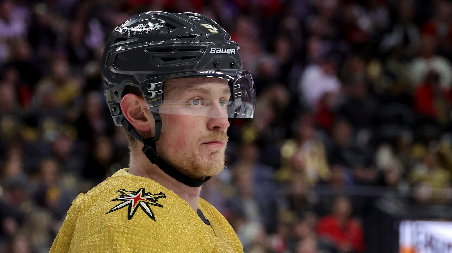 LAS VEGAS, NEVADA - FEBRUARY 18: Jack Eichel #9 of the Vegas Golden Knights takes a break during a stop in play in the third period of a game against the Los Angeles Kings at T-Mobile Arena on February 18, 2022 in Las Vegas, Nevada. The Kings defeated the Golden Knights 4-3 in overtime. (Photo by Ethan Miller/Getty Images)