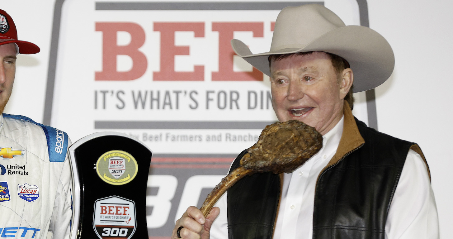 NASCAR's Richard Childress holding a tomahawk ribeye like a big dumbass