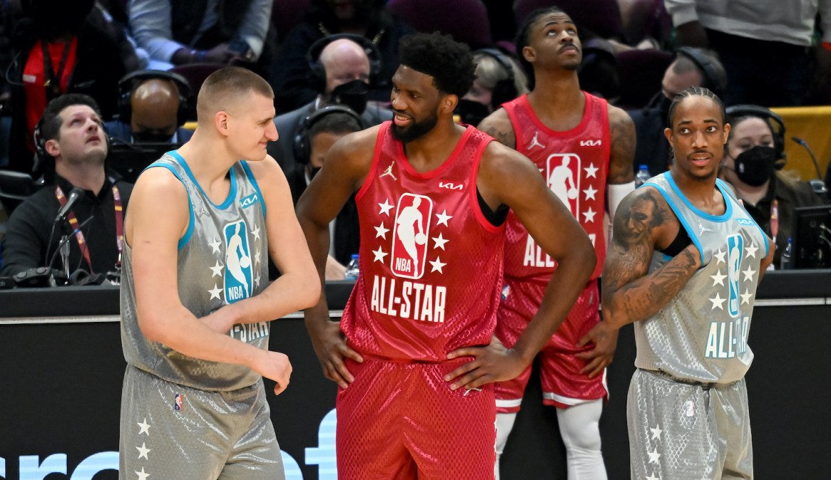 CLEVELAND, OHIO - FEBRUARY 20: Nikola Jokic #15 of Team LeBron and Joel Embiid #21 of Team Durant talk during the 2022 NBA All-Star Game at Rocket Mortgage Fieldhouse on February 20, 2022 in Cleveland, Ohio. NOTE TO USER: User expressly acknowledges and agrees that, by downloading and or using this photograph, User is consenting to the terms and conditions of the Getty Images License Agreement. (Photo by Jason Miller/Getty Images)