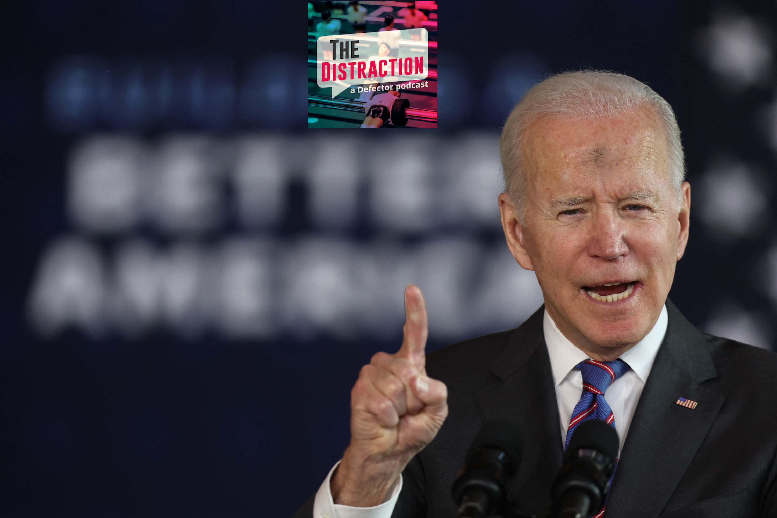 Joe Biden speaks at a rally in Wisconsin, with The Distraction logo in there.