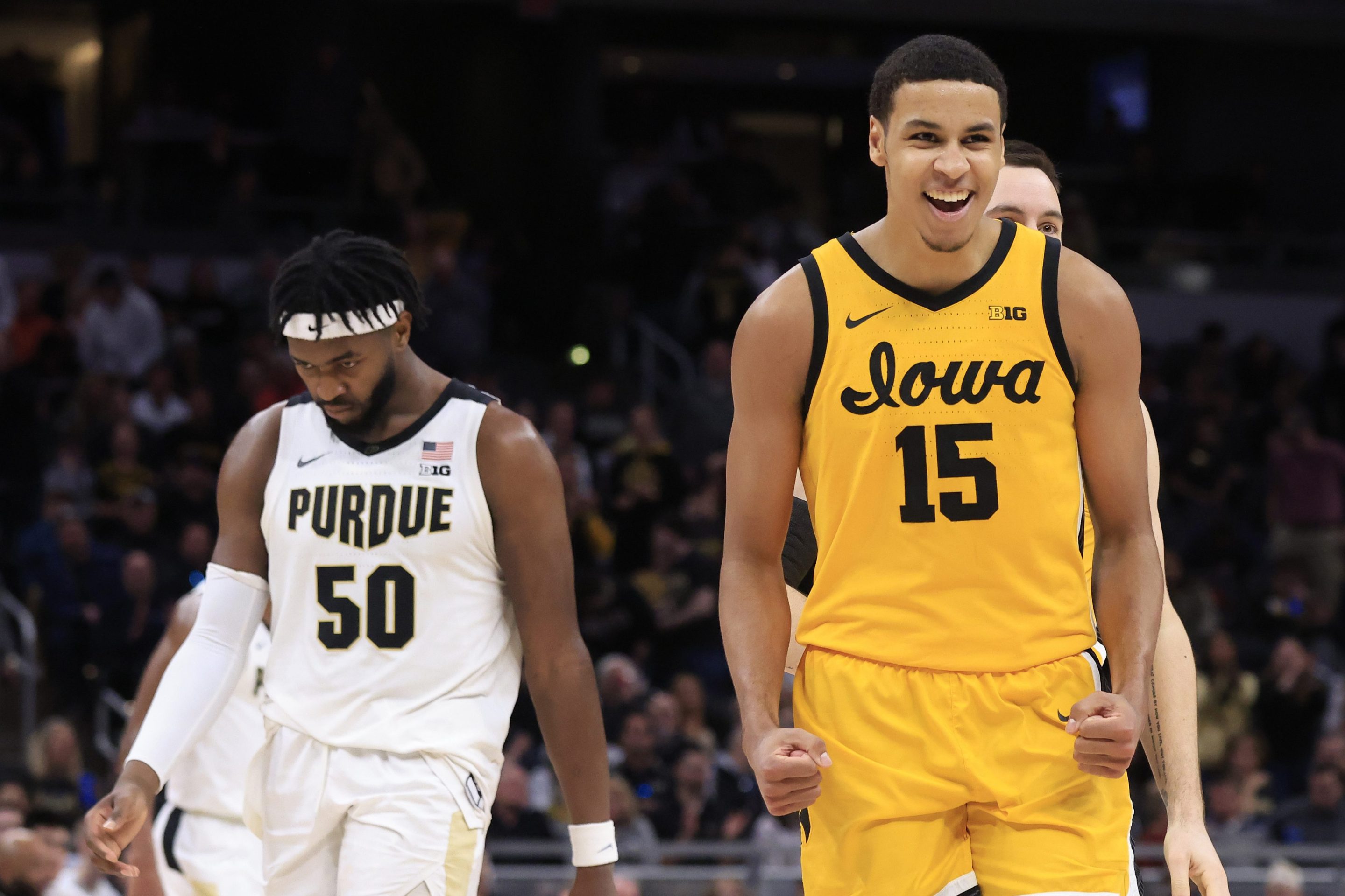 Keegan Murray exultant during Iowa's victory in the Big Ten Tournament Championship Game.