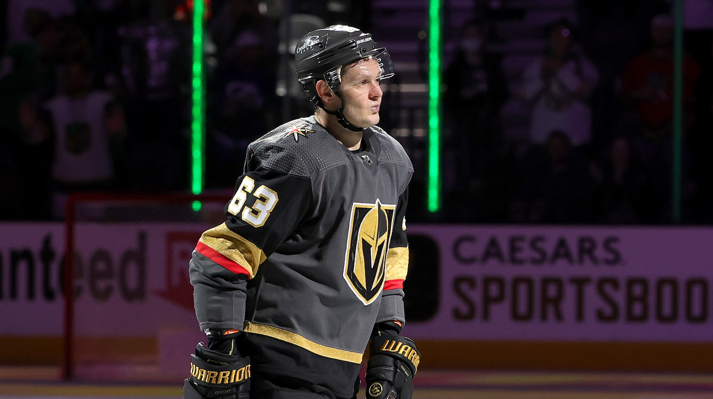 LAS VEGAS, NEVADA - MARCH 17: Evgenii Dadonov #63 of the Vegas Golden Knights skates on the ice after being named the first star of the game following the team's 5-3 victory over the Florida Panthers at T-Mobile Arena on March 17, 2022 in Las Vegas, Nevada. (Photo by Ethan Miller/Getty Images)