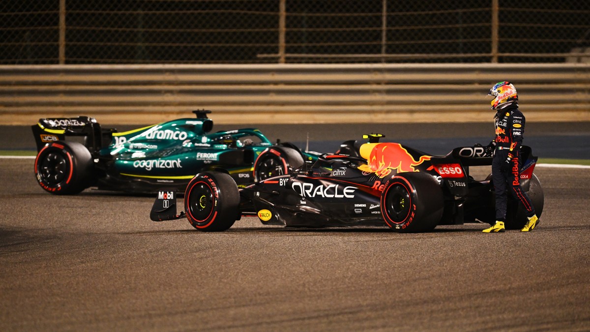 Sergio Perez of Mexico and Oracle Red Bull Racing retires from the race during the F1 Grand Prix of Bahrain at Bahrain International Circuit on March 20, 2022 in Bahrain, Bahrain