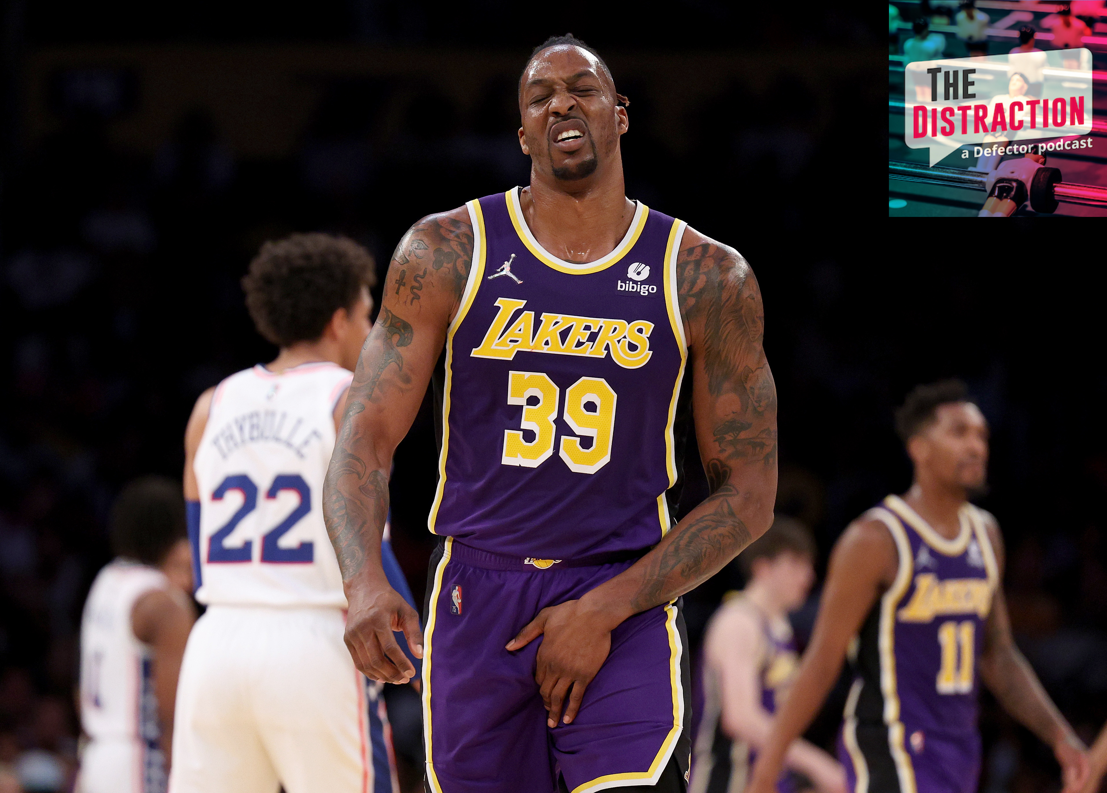 Dwight Howard grimacing Dwight Howardishly next to the Distraction logo.