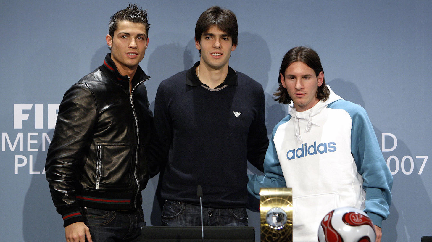 Football players, Portugal's Cristiano Ronaldo, Brazil's Kaka and Argentina's Lionel Messi pose during a press conference prior to the FIFA World Player Gala 2007 award ceremony 17 December 2007 in Zurich.