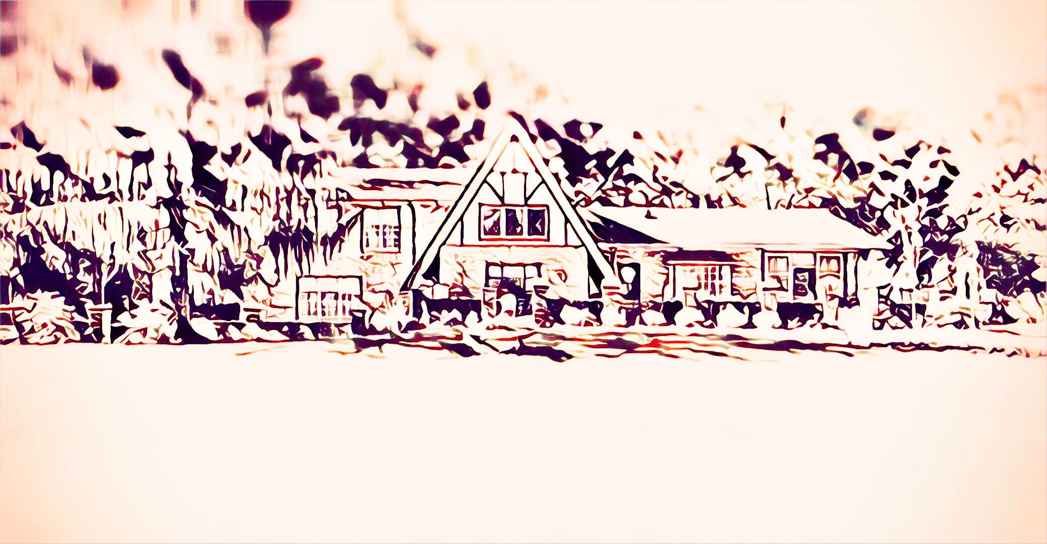 Photo illustration of a brick A-frame home built in the 1970s