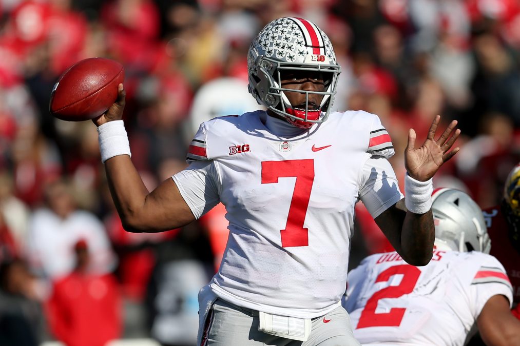 COLLEGE PARK, MD - NOVEMBER 17: Dwayne Haskins #7 of the Ohio State Buckeyes passes against the Maryland Terrapins during the first half at Capital One Field on November 17, 2018 in College Park, Maryland.